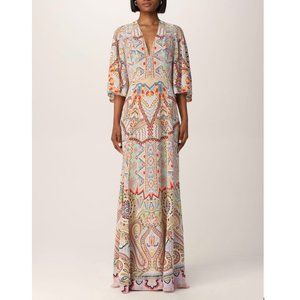ETRO BLUE MULTI SILK BELL SLEEVE MAXI DRESS SIZE IT 44 / US 10 NWOTS!